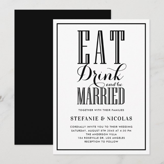 Invitation Noir manger, boire et être marié Mariage (Devant / Derrière)