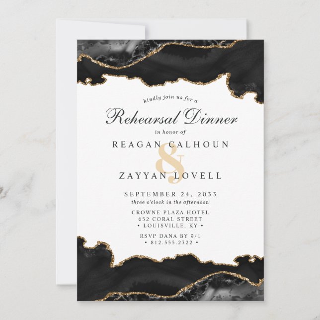 Invitation Noir Marbre Agate Moderne Répétition Dîner En (Devant)