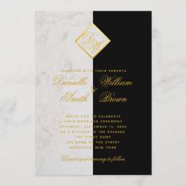 Invitation Noir Marbre Blanc Monogramme Or Mariage élégant