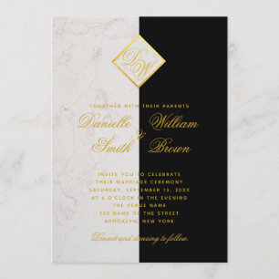 Invitation Noir Marbre Blanc Monogramme Or Mariage élégant