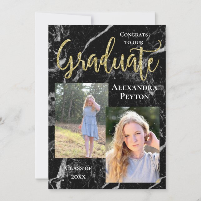 Invitation Noir Marbre Gold Script Photo Graduation (Devant)