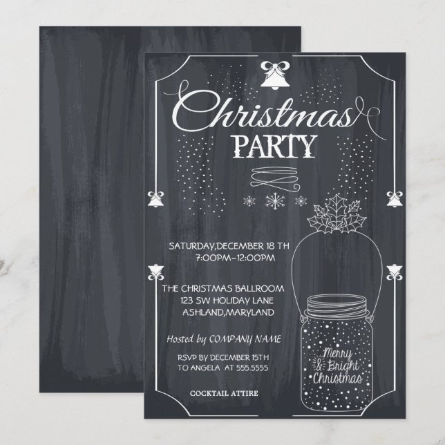 Invitation Noir, Mason Jar Société Noël (Devant / Derrière)