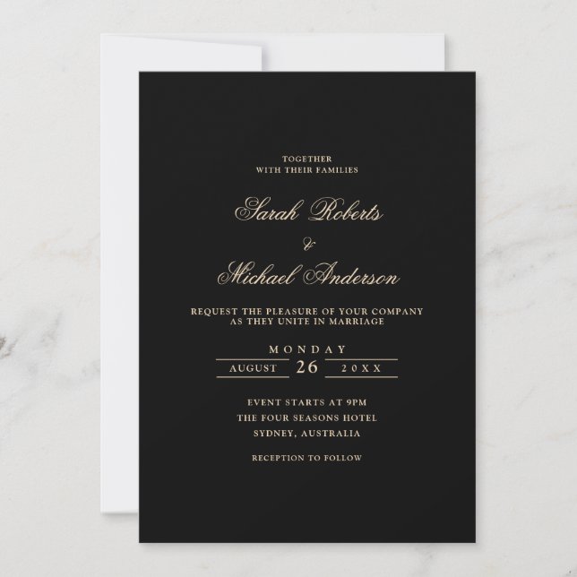 Invitation Noir minima calligraphie Mariage de script or (Devant)
