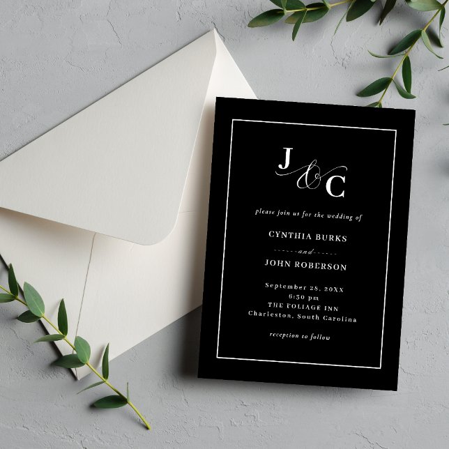 Invitation Noir minimal et chic | Mariage frontière blanc (Créateur téléchargé)