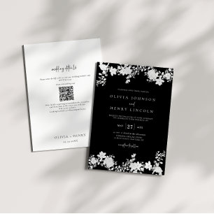 Invitation Noir minimaliste   Blanc QR Code Floral Mariage