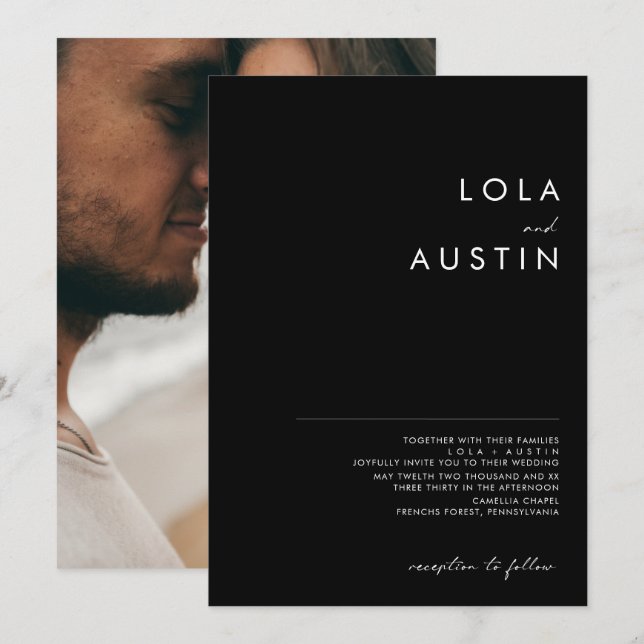 Invitation Noir minimaliste moderne | Mariage photo (Devant / Derrière)