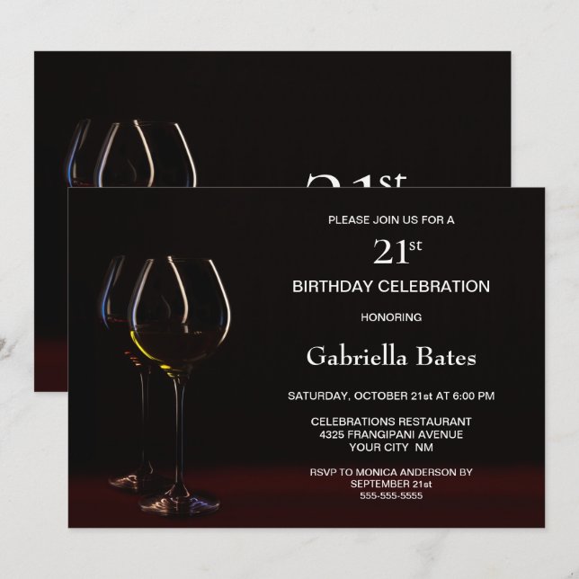 Invitation Noir moderne 21e anniversaire Vin Glass Party (Devant / Derrière)