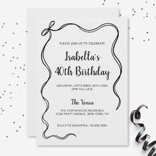 Invitation Noir moderne Blanc 40e anniversaire main tiré Bow