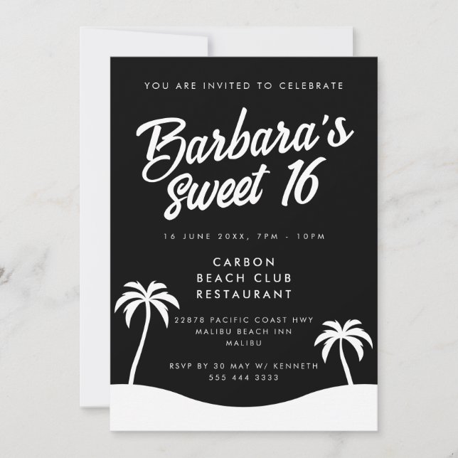 Invitation Noir moderne Blanc été Plage Party Sweet 16 (Devant)