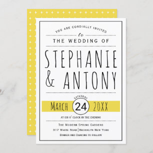 Invitation Noir moderne, blanc typographie jaune mariage
