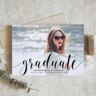 Invitation Noir Moderne Calligraphie Photo Graduation