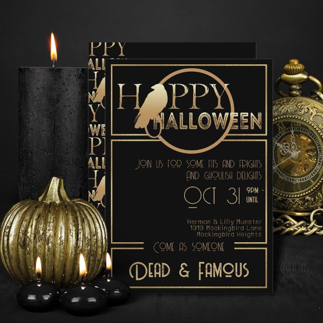 Invitation Noir moderne Chic or adulte Glam Halloween Party (Elegant black and gold Halloween invitations)