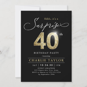 Invitation Noir moderne et or adulte surprise 40e anniversair