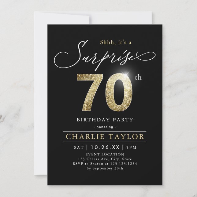 Invitation Noir moderne et or adulte surprise 70e anniversair (Devant)