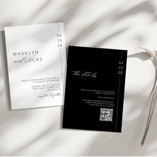 Invitation Noir moderne minimaliste Mariage de code QR blan
