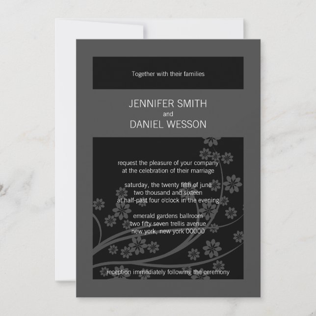 Invitation Noir Onxy Floral Pattern Modèle Mariage Invite (Devant)