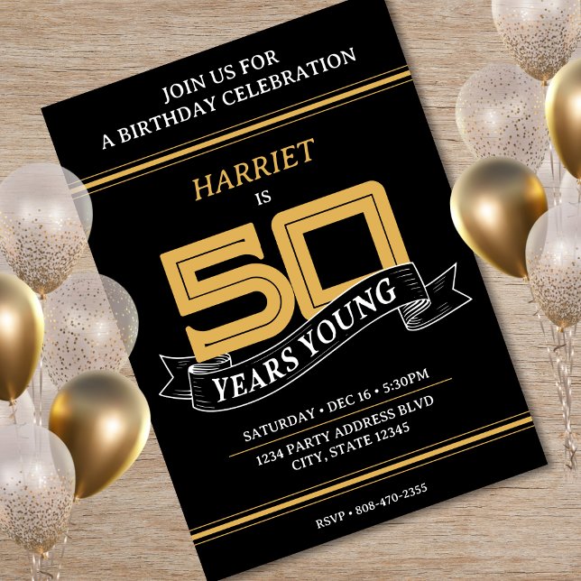 Invitation Noir & Or 50 ans Jeune bannière 50e anniversaire (Black & Gold 50 Years Young Banner 50th Birthday Invitation)