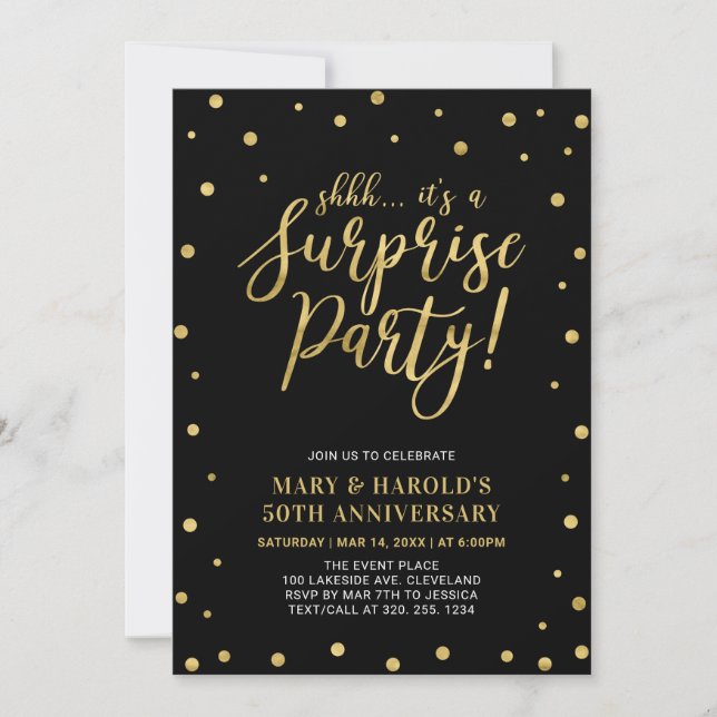 Invitation Noir & Or | 50e anniversaire de mariage surprise (Devant)