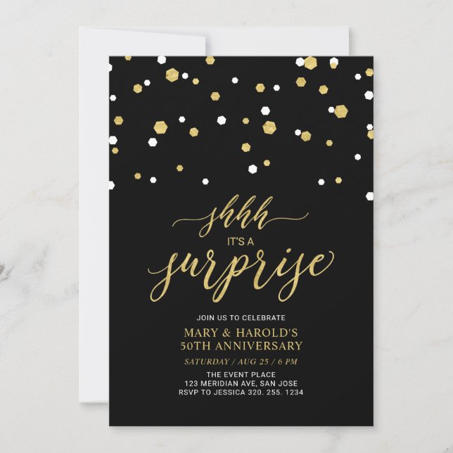 Invitation Noir & Or | 50e anniversaire du Mariage surprise (Devant)