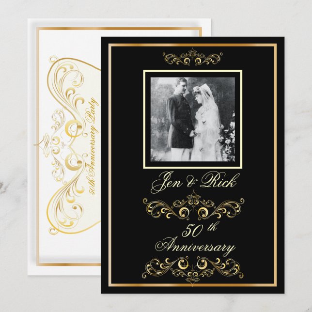 Invitation Noir + Or 50e Anniversaire, Photo de tourbillons d (Devant / Derrière)