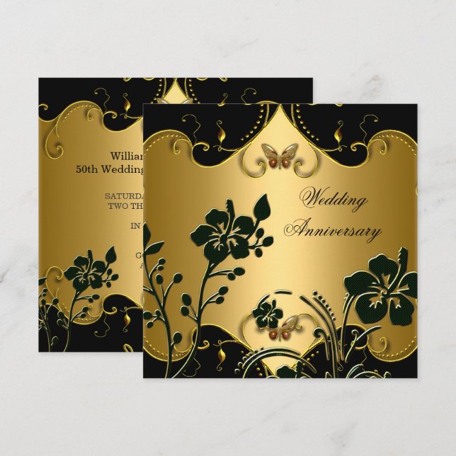 Invitation Noir Or Anniversaire de Mariage 50 Ans Floral (Devant / Derrière)