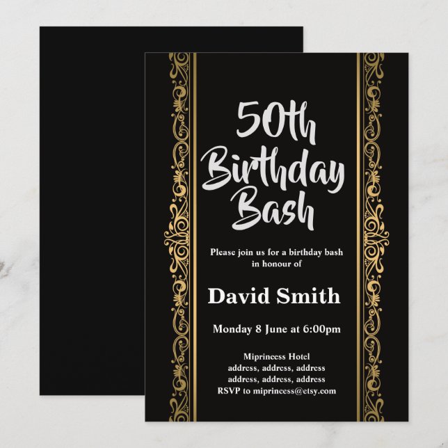 Invitation noir, or, élégant, bain d'anniversaire (Devant / Derrière)