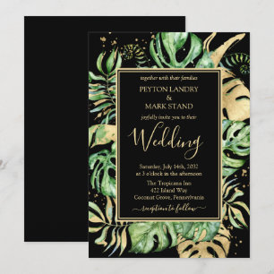 Invitation Noir & Or Elegant Mariage de Foliage Tropical