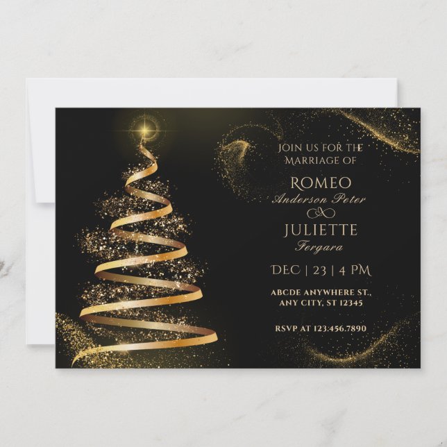 Invitation noir or élégant mariage de noël (Devant)
