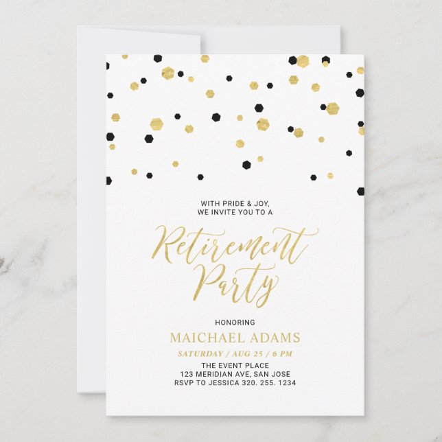 Invitation Noir & Or | Hexagon Confetti Retraite Party I (Devant)