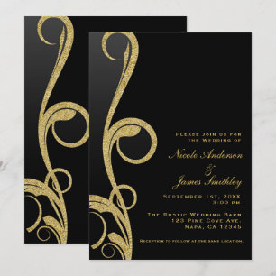 Invitation Noir & Or Moderne Glamour Élégant Tourbillon Maria
