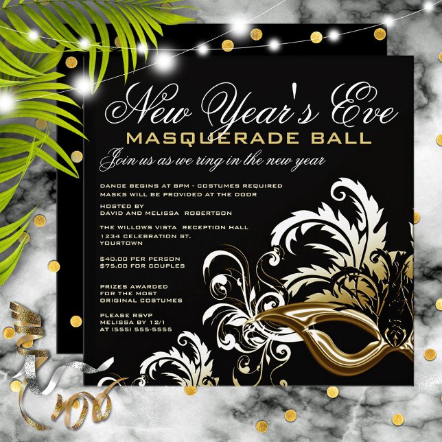 Invitation Noir/Or Nouvel An Eve Masquerade Ball (Créateur téléchargé)