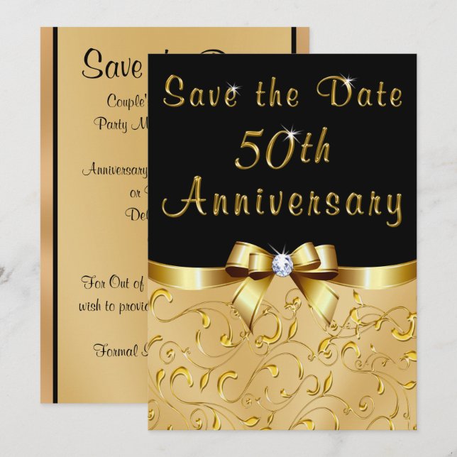 Invitation Noir, Or Sauvegarder la Date 50e Anniversaire de M (Devant / Derrière)