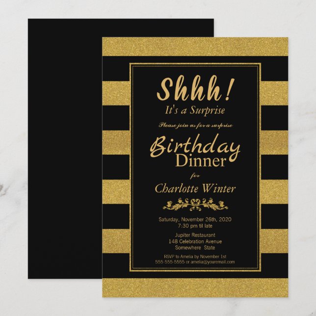Invitation Noir & Or Strié Surprise Anniversaire Dîner (Devant / Derrière)