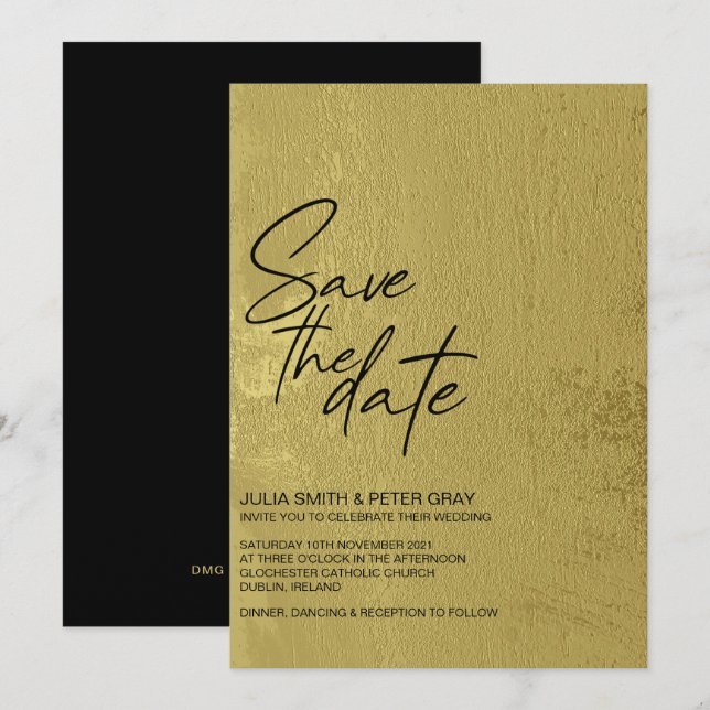 Invitation Noir & Or Texté Moderne Enregistrer La Date (Devant / Derrière)