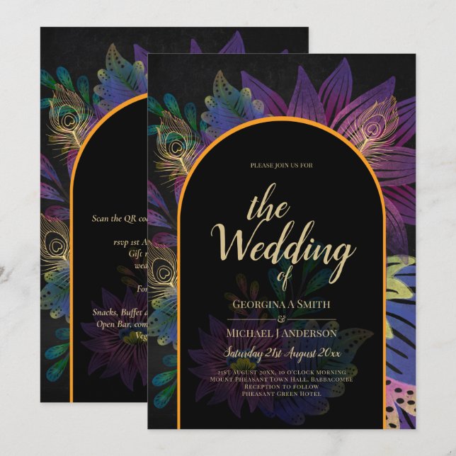 Invitation Noir Peacock Jewel Tones Floral Mariage (Devant / Derrière)