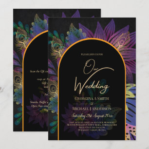 Invitation Noir Peacock Jewel Tones Floral Mariage