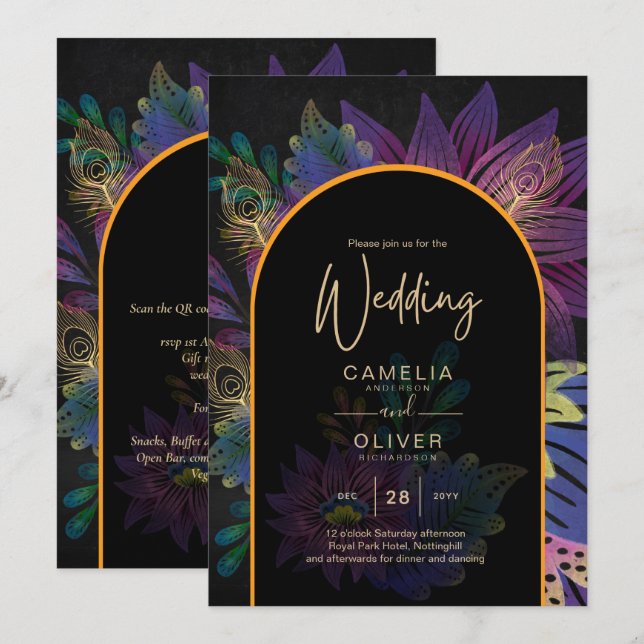 Invitation Noir Peacock Jewel Tones Floral Mariage (Devant / Derrière)
