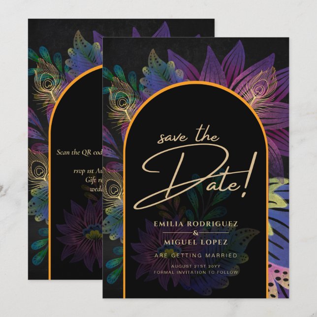 Invitation Noir Peacock Jewel Tones Floral Mariage (Devant / Derrière)