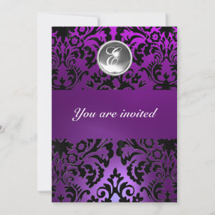 Invitation NOIR & PURPLE DAMASK GEM PIERRE MONOGRAMME glace