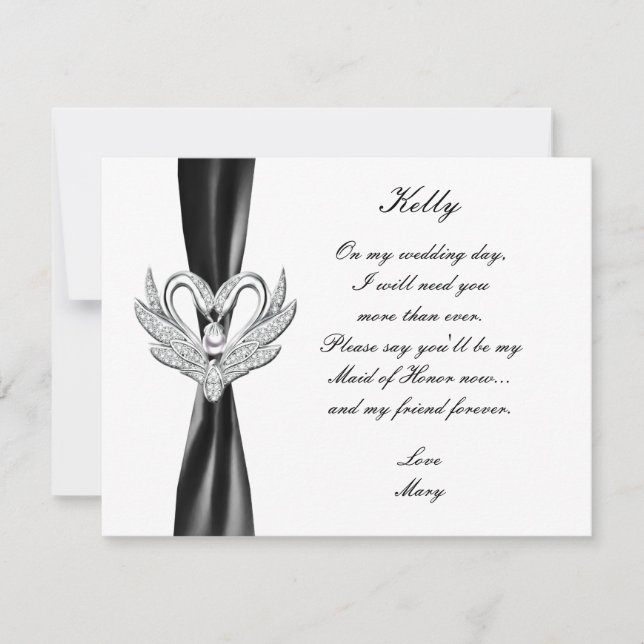 Invitation Noir Ribbon Argent Swans Maid Of Honor Card (Devant)