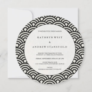 Invitation Noir rond + Blanc Japonais Vagues Mariage