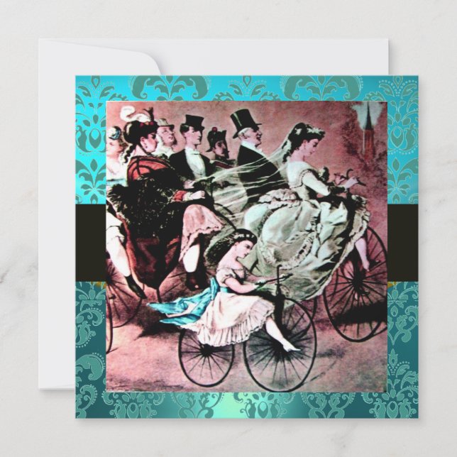 INVITATION NOIR ROSE BICYCLETTE BLEUE MARIAGE DAMASSÉ MONOGRA (Devant)