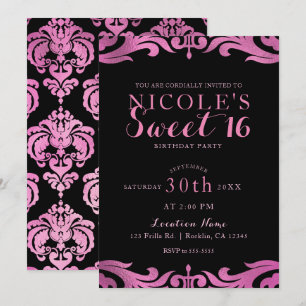 Invitation Noir & rose Damask Chic Elegant Sweet 16 Party