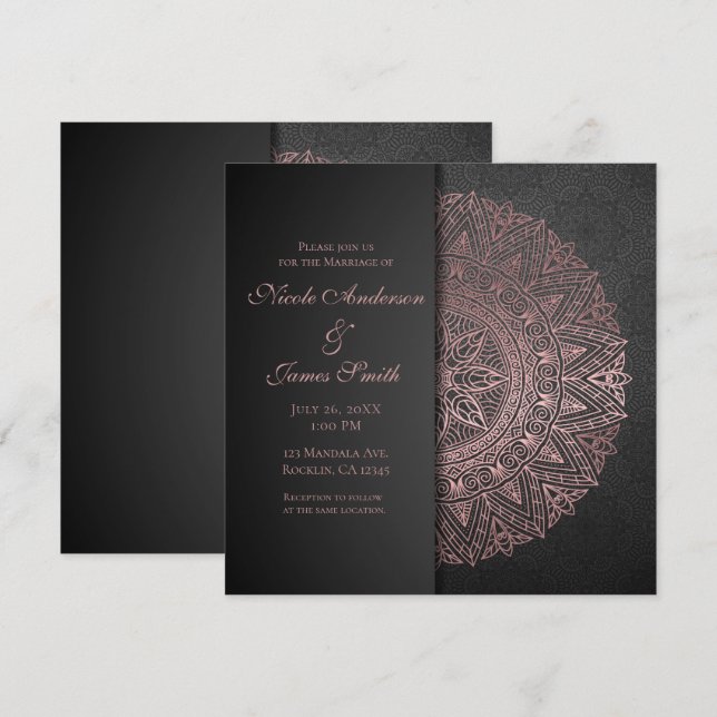 Invitation Noir & Rose Gold Mandala Mariage élégant (Devant / Derrière)