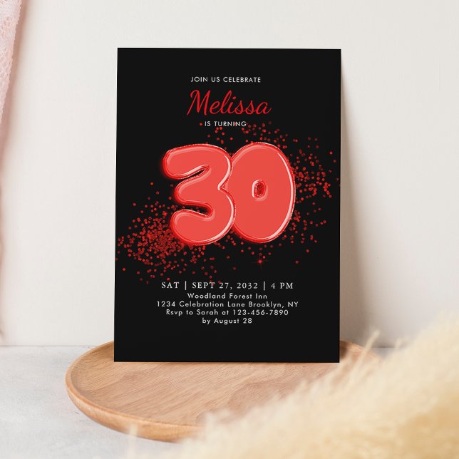 Invitation Noir rouge 30e Ballons Confetti Anniversaire adult (Créateur téléchargé)