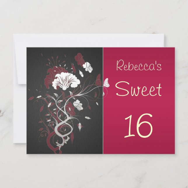 Invitation Noir, rouge, blanc, floral, papillon Sweet 16 (Devant)