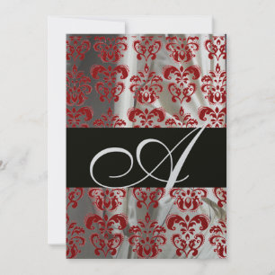 INVITATION NOIR ROUGE BLANC SOIE DAMASSÉE MONOGRAMME ARGENT