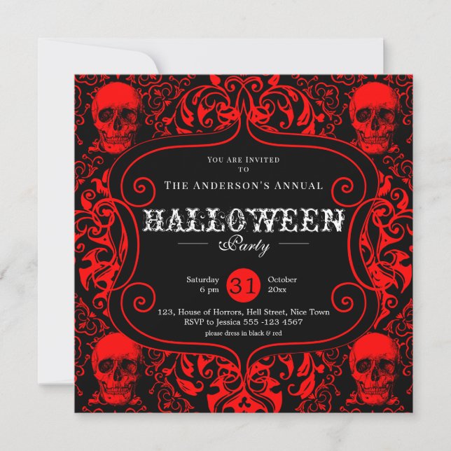 Invitation Noir rouge Damas crâne Personnalisé Halloween Part (Devant)
