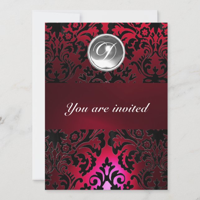 Invitation NOIR & ROUGE DAMASK GEMME PIERRE MONOGRAMME bordea (Devant)