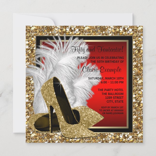 Invitation Noir, rouge et or talons hauts fête d'anniversaire (Devant)
